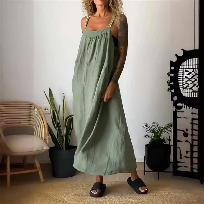 Women Cotton Linen Solid Color Dresses Side Pocket Backless Suspenders Dress Female Daily Comfortable Casual Commuter Gown 2024
