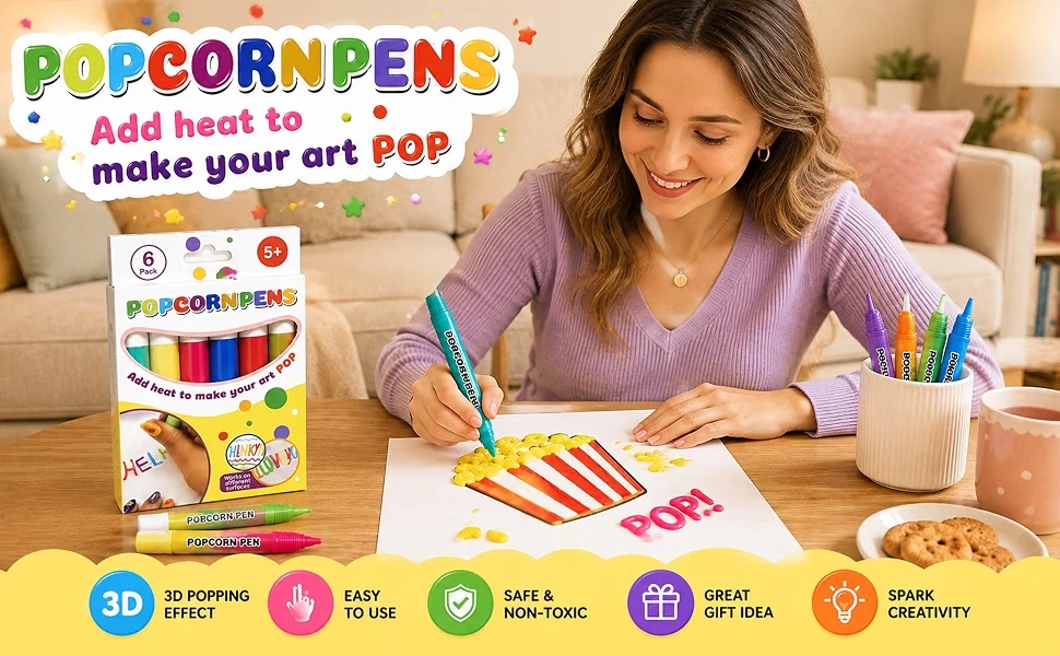 Puffy Popcorn Stift-Set 6/12 Farben 3D-Kunstmarker Glatter, einfach zu färbender Zeichenstift für Tagebuch, Notizbuch, Grußkarte, DIY-Bastelarbeiten – Detail 2