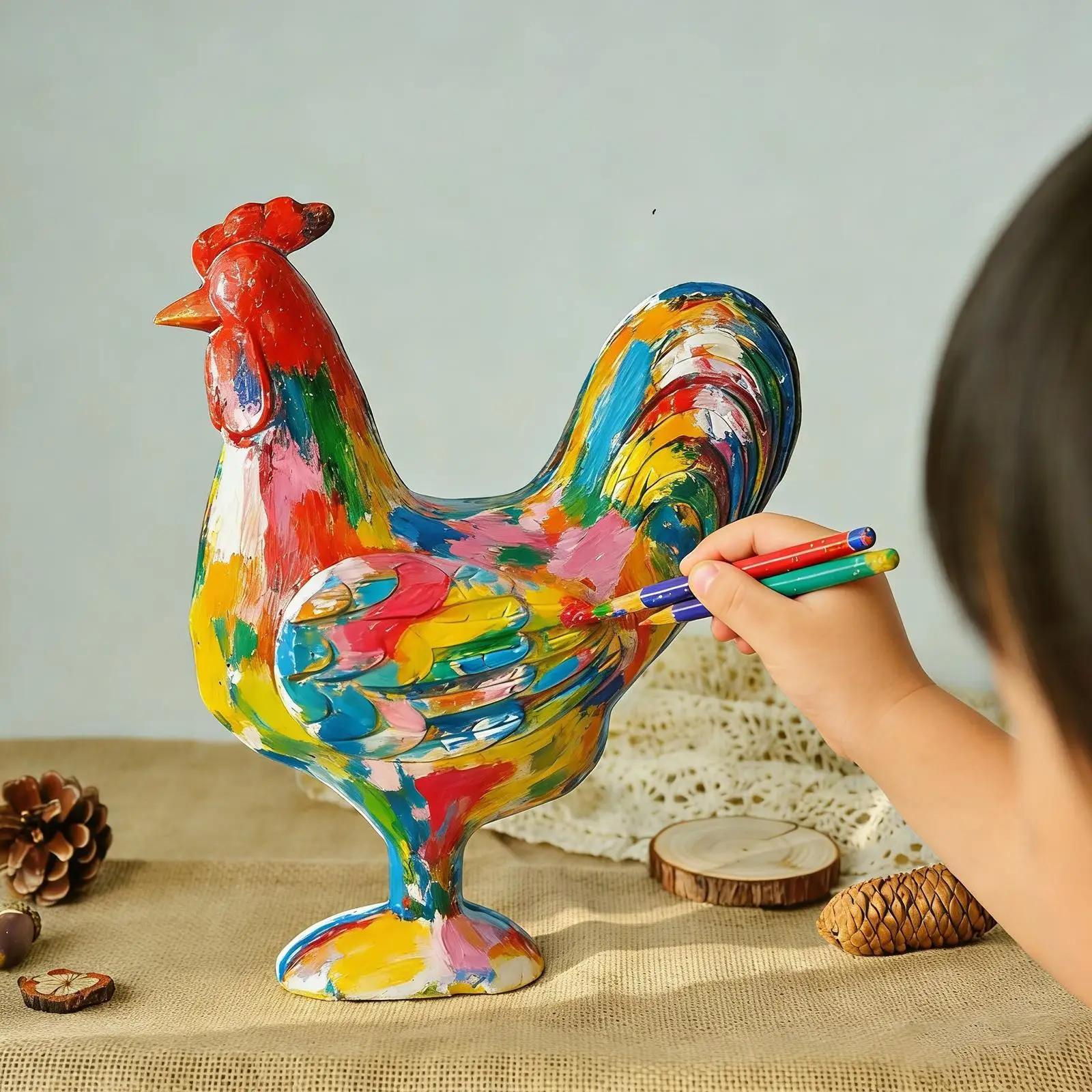 Unpainted Rooster Figurine Unfinished Wooden Rooster Craft Project Tabletop Sculpture for Office Housewarming Bookshelf Dorm