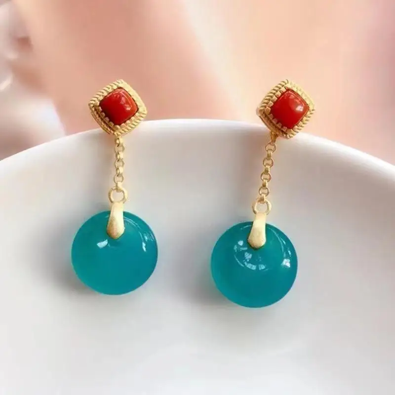 New Chinese style earrings with two sets of silver inlaid with South Red Tianhe stone earrings, simple and cool style earrings