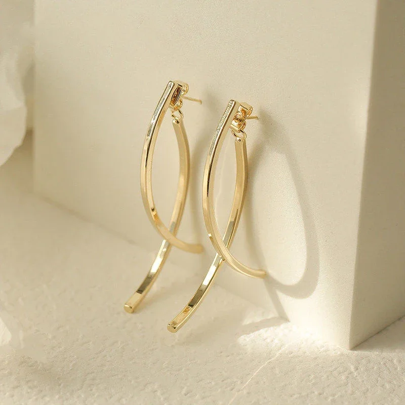 Korean Stylish Cross Arc Long Drop Earrings for Women Fashion Simple Hanging Dangling Earrings Jewelry Female Christmas Gift