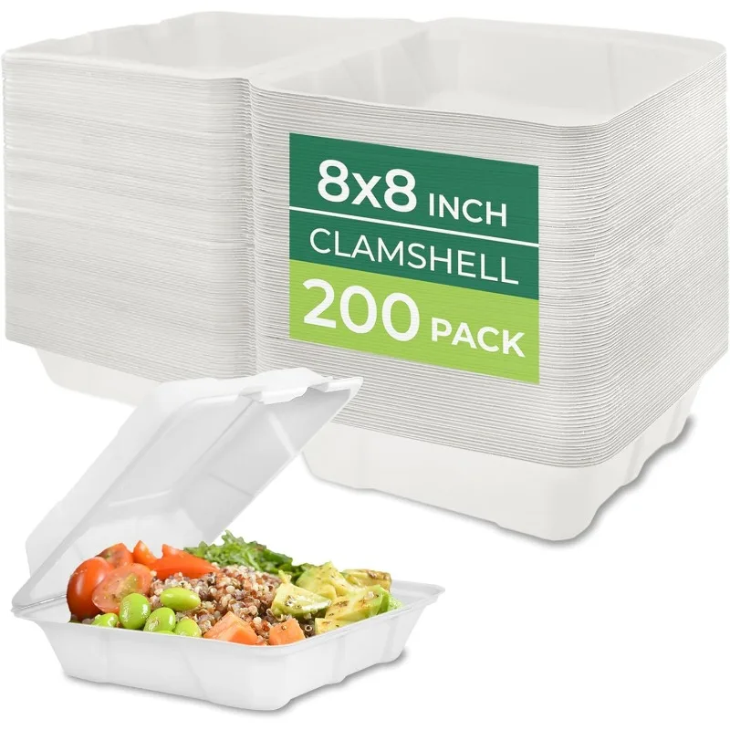 

Clamshell Food Containers with Lids [8x8 200-Pack] Disposable To Go Containers, Biodegradable Sugarcane To Go Boxes -