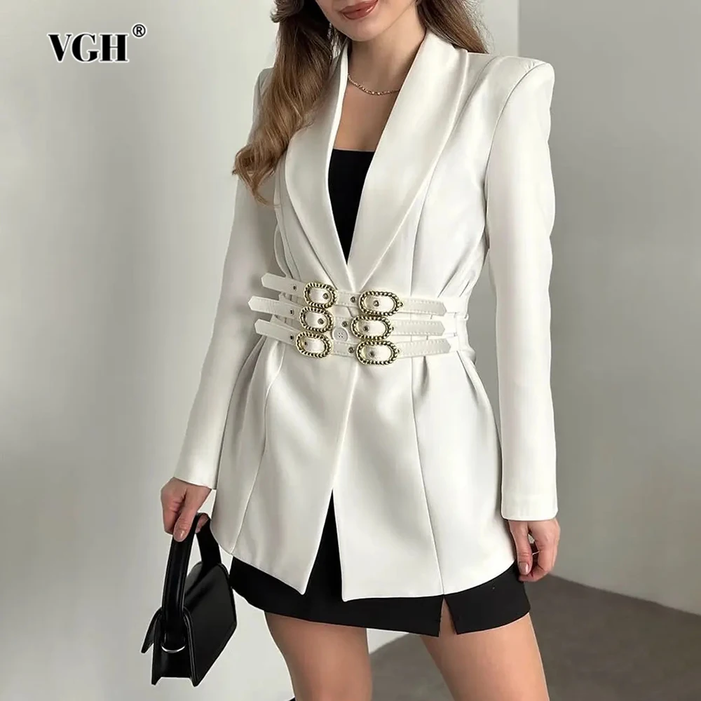 

VGH повседневные утягивающие однотонные куртки с поясом для женщин с v-образным вырезом и длинным рукавом, осенний темпераментный пиджак, женский модный стиль, новинка