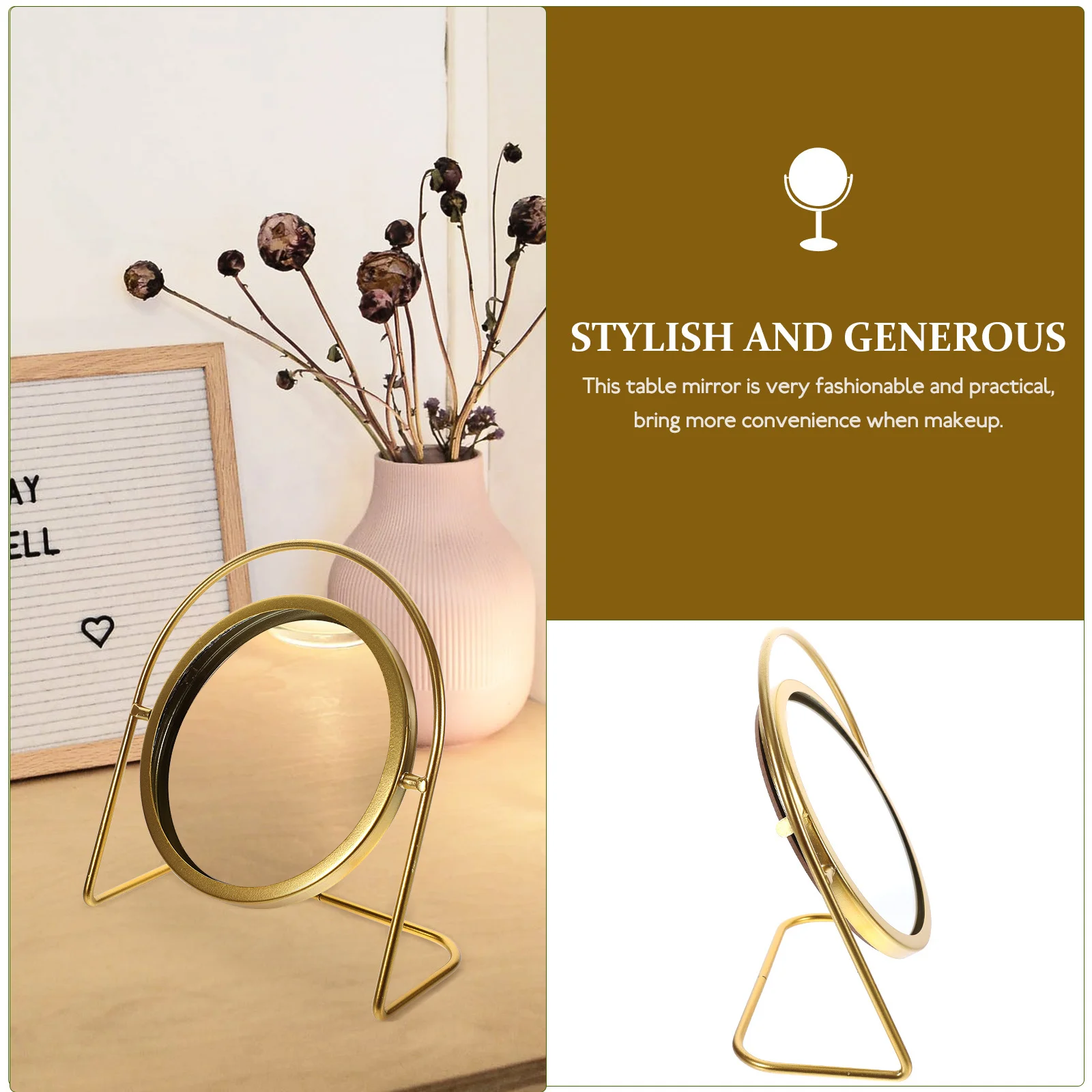 

Aesthetic Desktop Makeup Mirror Glass Metal Rust Resistant Stand Clear Reflection Table Mirror for Vanity Desk