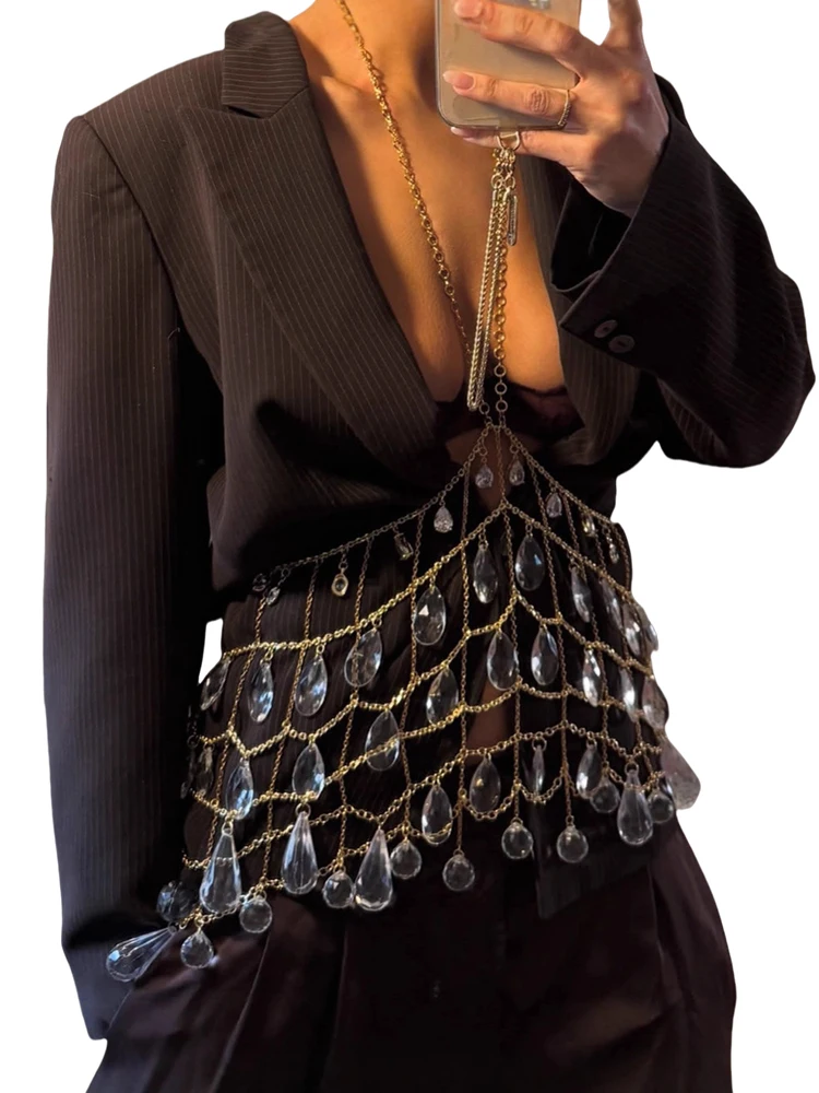 Sexy Multi-Layer Gem Pendant Chain Top Women's Vest Cross-Border Fashion Commute Style Slim Fit V-Neck Zipper  Color