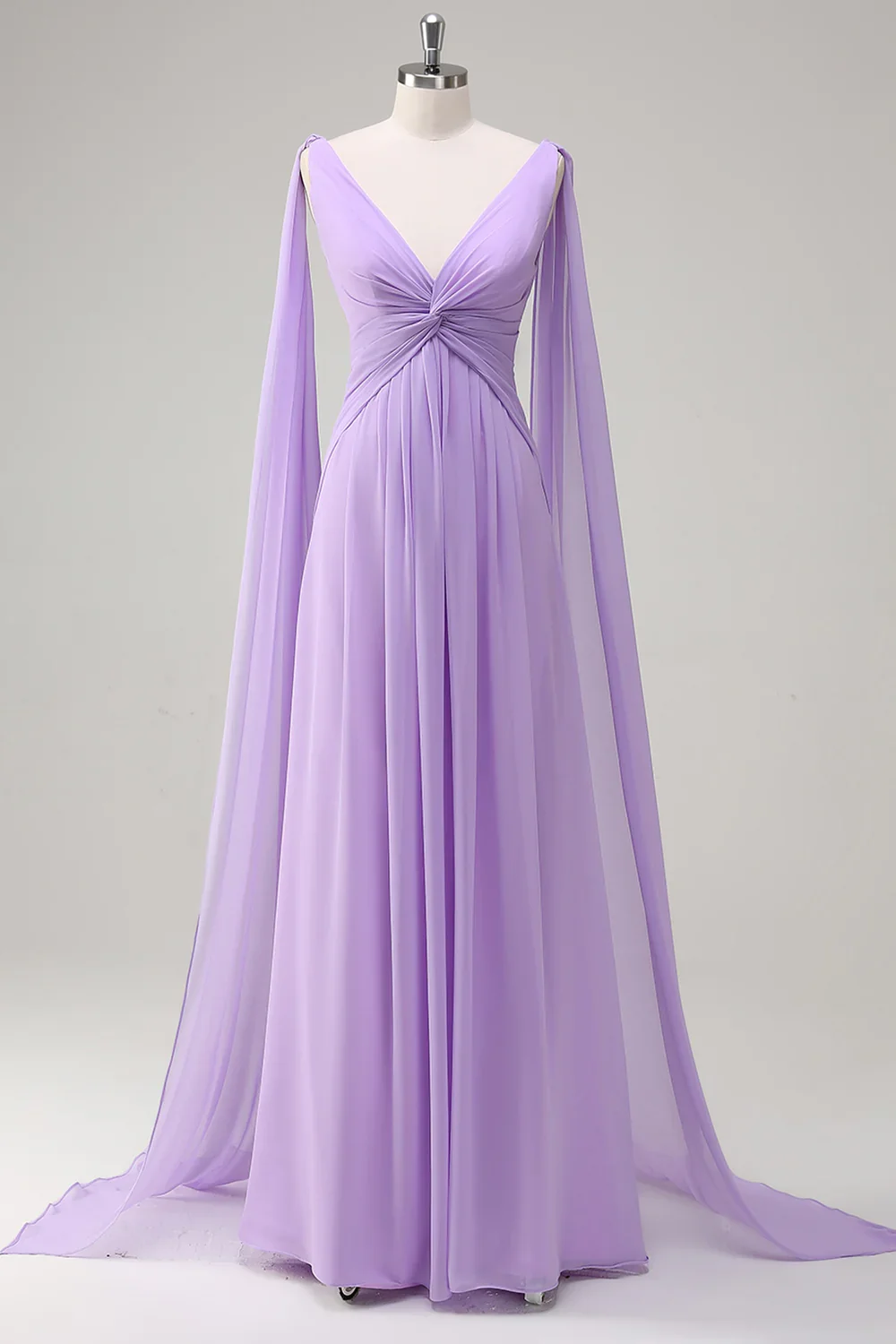 

Customized Long Lilac Chiffon Bridesmaid Dresses with Cape A-Line V-Neck Zipper Back Floor Length Wedding Guest Dress for Women