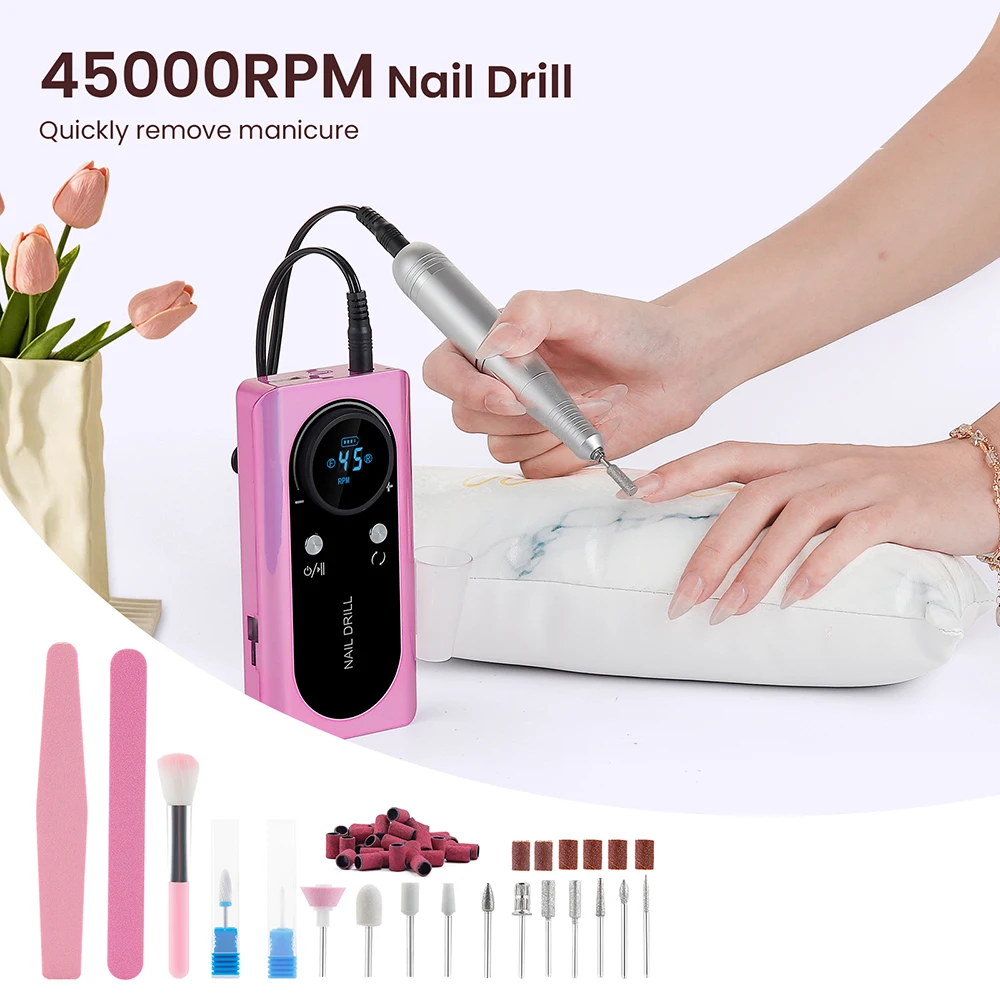 45000rpm máquina de broca do prego recarregável broca fresadora portátil sem fio manicure moedor polidor cortador kit