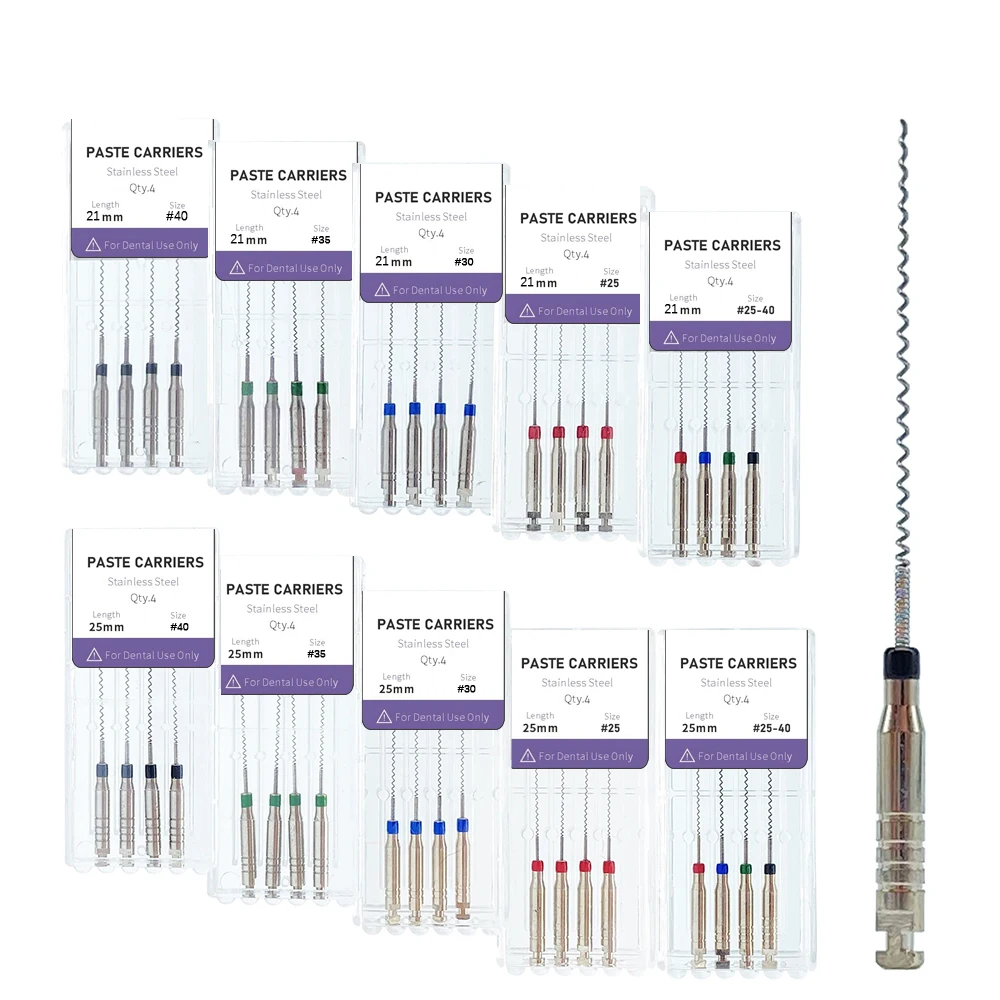 Denspay-Dental Lentulo Colar Portadores, Alargadores Endodônticos Brocas, Endo Arquivos, Dentista Materiais Instrumento, 21mm, 25mm, 4pcs por caixa