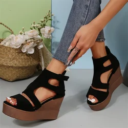 Summer Ankle Strap Women Sandals Platform Wedges High Heel Flock Peep Toe Fashion Female Ladies Shoes Zapatos De Mujer