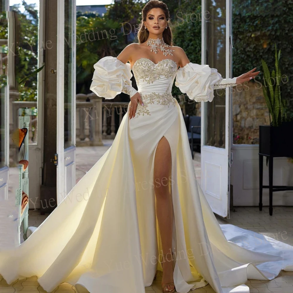 Vestidos de novia fruncidos de satén con apliques, vestidos de novia de princesa con abertura alta, hombros descubiertos, manga farol, sirena