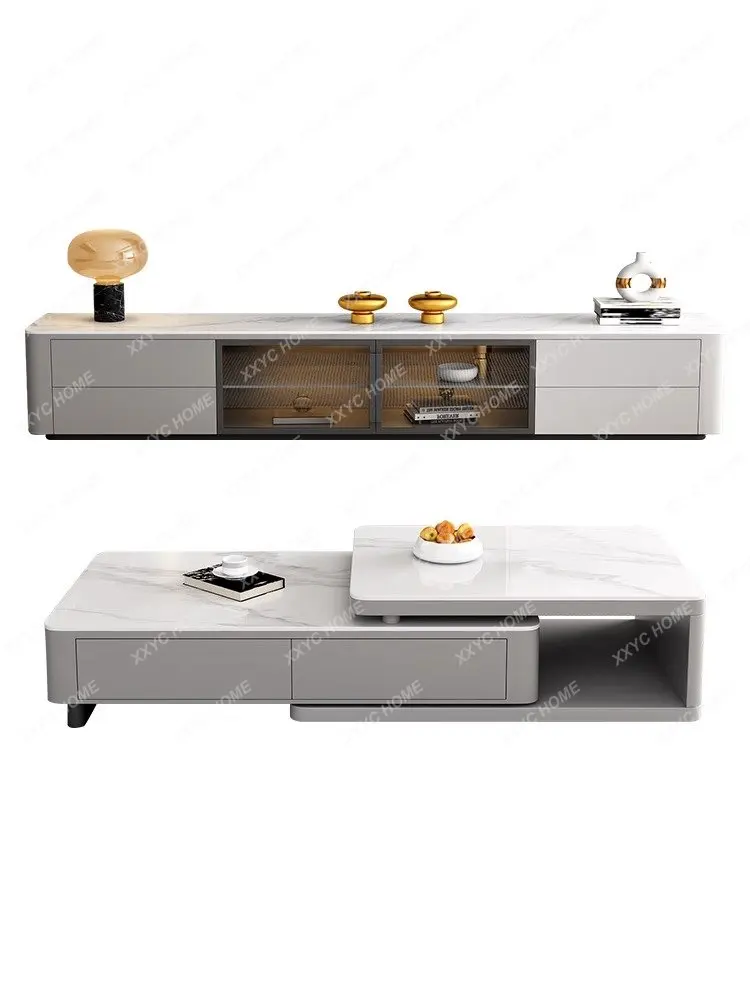 

Coffee Table TV Cabinet Modern Minimalist Living Room Home Telescopic Stone Plate Tea Table Square