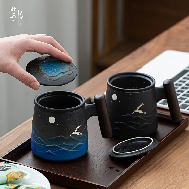 Creative Retro Tea Cup Ceramic Mug Large Capacity Office Filter Blue Black Water Cup with Cover Mugs Wooden Handle Cups Gift Box