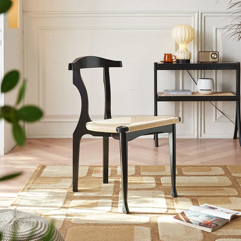 

Nordic hemp rope dining chair home modern simple hotel restaurant solid wood back armrest ash wood dining chair black