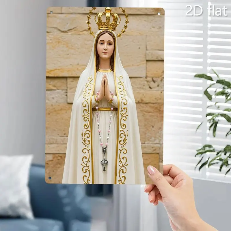 HD Metal Tin Sign, Our Lady of Fatima Statue with Crown and Rosary, Religious Wall Art Decor