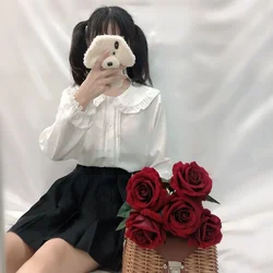 QWEEK White Shirt Women Kawaii Peter Pan Collar Blouses Button Up Long Sleeve Cute Ruffle Tops Lolita Style Mori Girl Aesthetic