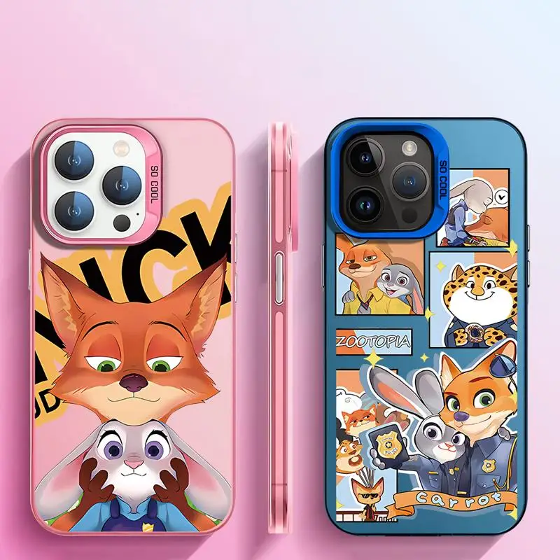 Matte Phone Case for Apple iPhone 15 14 13 12 11 pro Max 15plus 14plus Disney Zootopia Nick Judy Colorful Silver Acrylic Cover