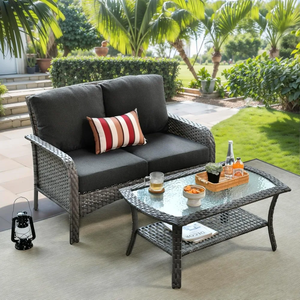 

2-piece terrace furniture set with coffee table, outdoor sofa, and garden rattan chair