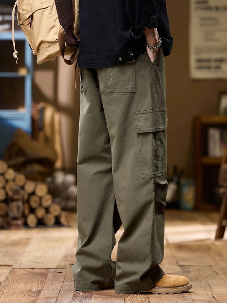 Celana Katun 100% Pria 2025 Celana Olahraga Serut Kasual Longgar Baru Musim Gugur Celana Lebar Lurus Pemuda Saku Besar Mode
