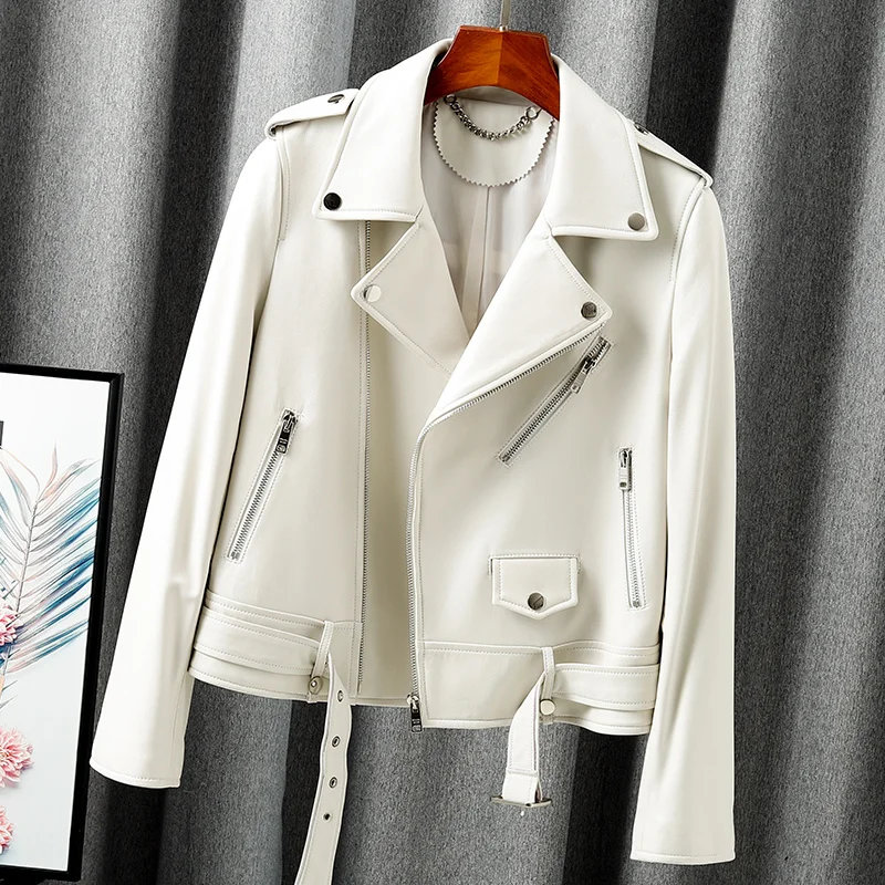 

2022 New Haining Sheepskin Locomotive Genuine Leather White Small Leather Coat Women's Short European Leather Jacket Spring and