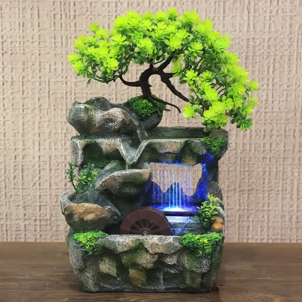 Creative Feng Shui Flowing Water Fountain Desktop Resin Rockery Landscape Waterfall Crafts with 7-Color Led Change Best Gift