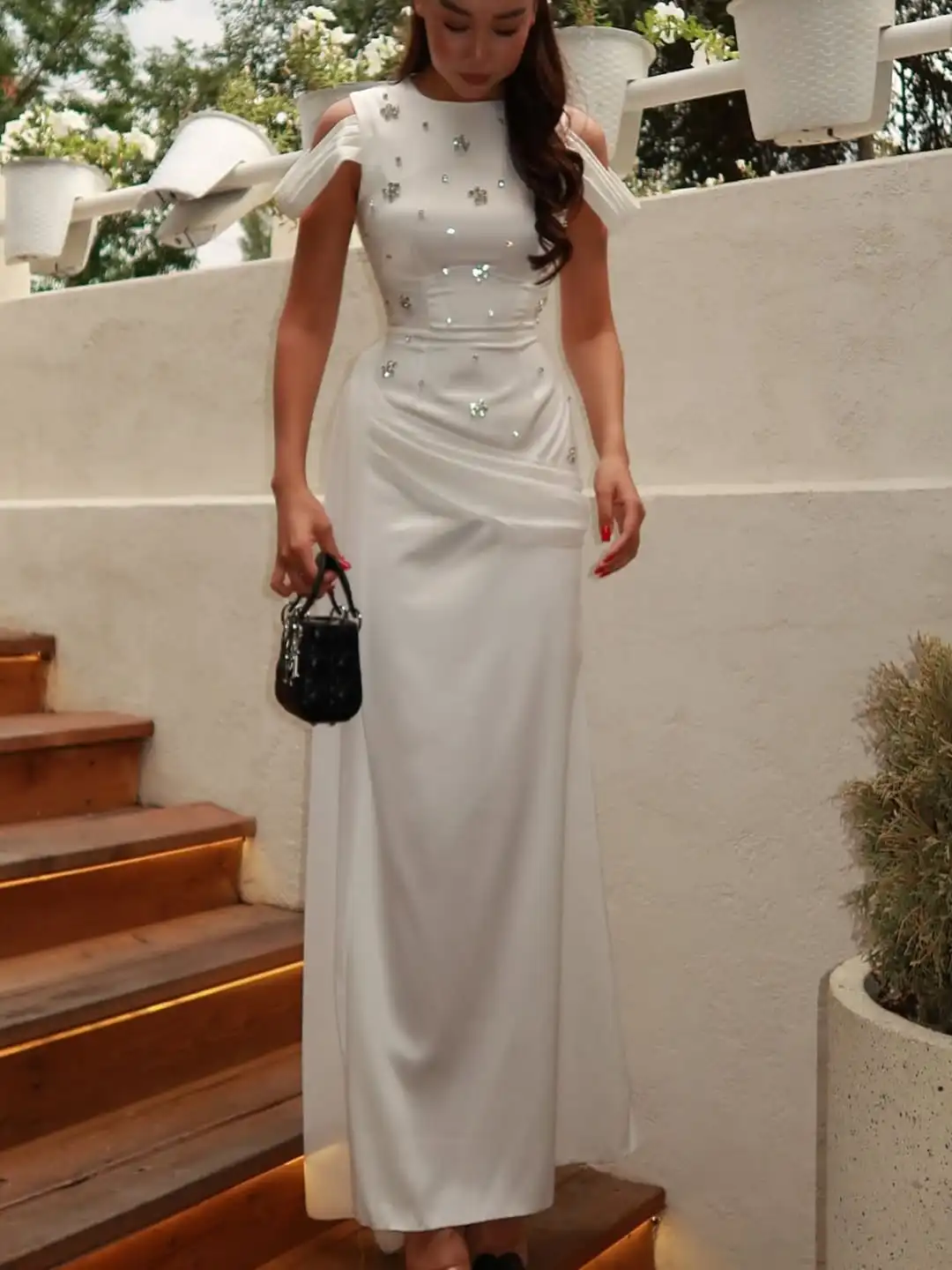 

Customized Mermaid Sleeveless Prom Dresses O-Neck Ankle Length Pleated Beadings Formal Party Dresses Evening Dresses