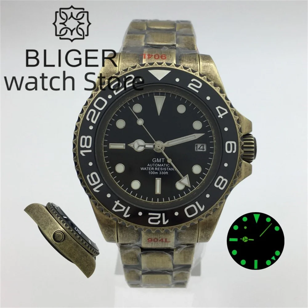 Bronze 43mmGMT Men's Watch Black dial NH34 Movement Sapphire Glass Oyster folding Buckle bracelet Green luminous ceramic bezel