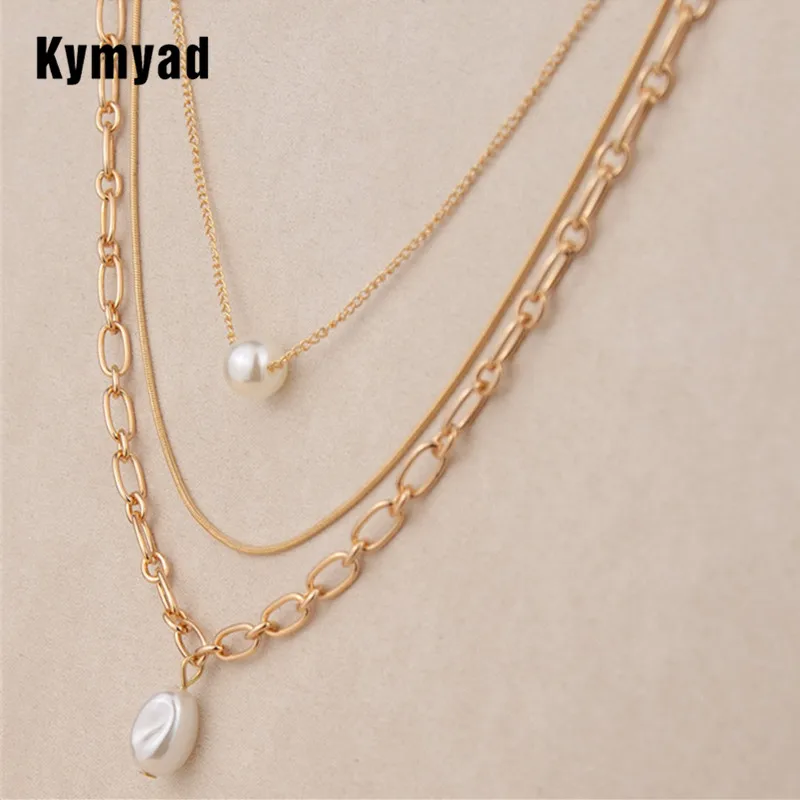 Kymyad Choker Necklace for women Simulated Pearl Pendant Layer Necklace Jewelry Gold Color Women's Neck Chain