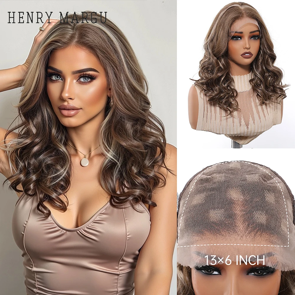 HENRY MARGU 13*6 Lace Front Wig Brown Highlight Curly Synthetic Hair Wigs for Women Daily Short Wavy Fake Hair Lace Frontal Wig