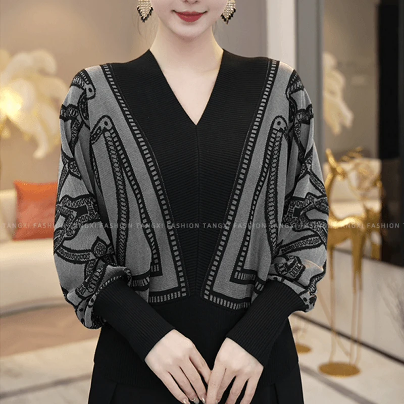 

Женская одежда, осень-зима, корейская мода, лоскутный элегантный шикарный вязаный свитер, женский свободный пуловер с v-образным вырезом и длинными рукавами, топы