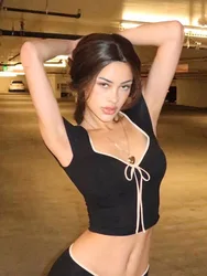 Y2k Summer Crop Top Bow Baby Tees Womens Clothes 2024 Chic Cute Low Cut Short Sleeve T Shirts Black