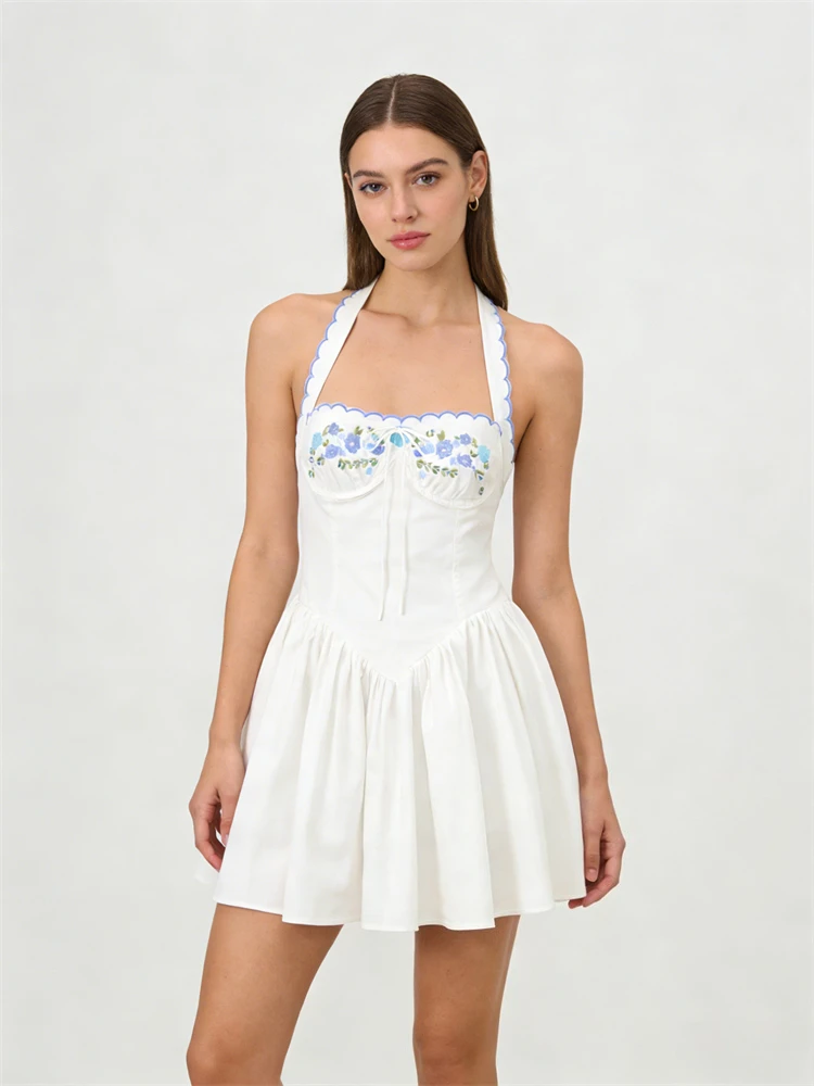 Mini abito con ricamo floreale all'americana Abito estivo da donna con papillon senza maniche con volant e schiena scoperta Abiti da vacanza da donna sexy Boho Party Nuovo