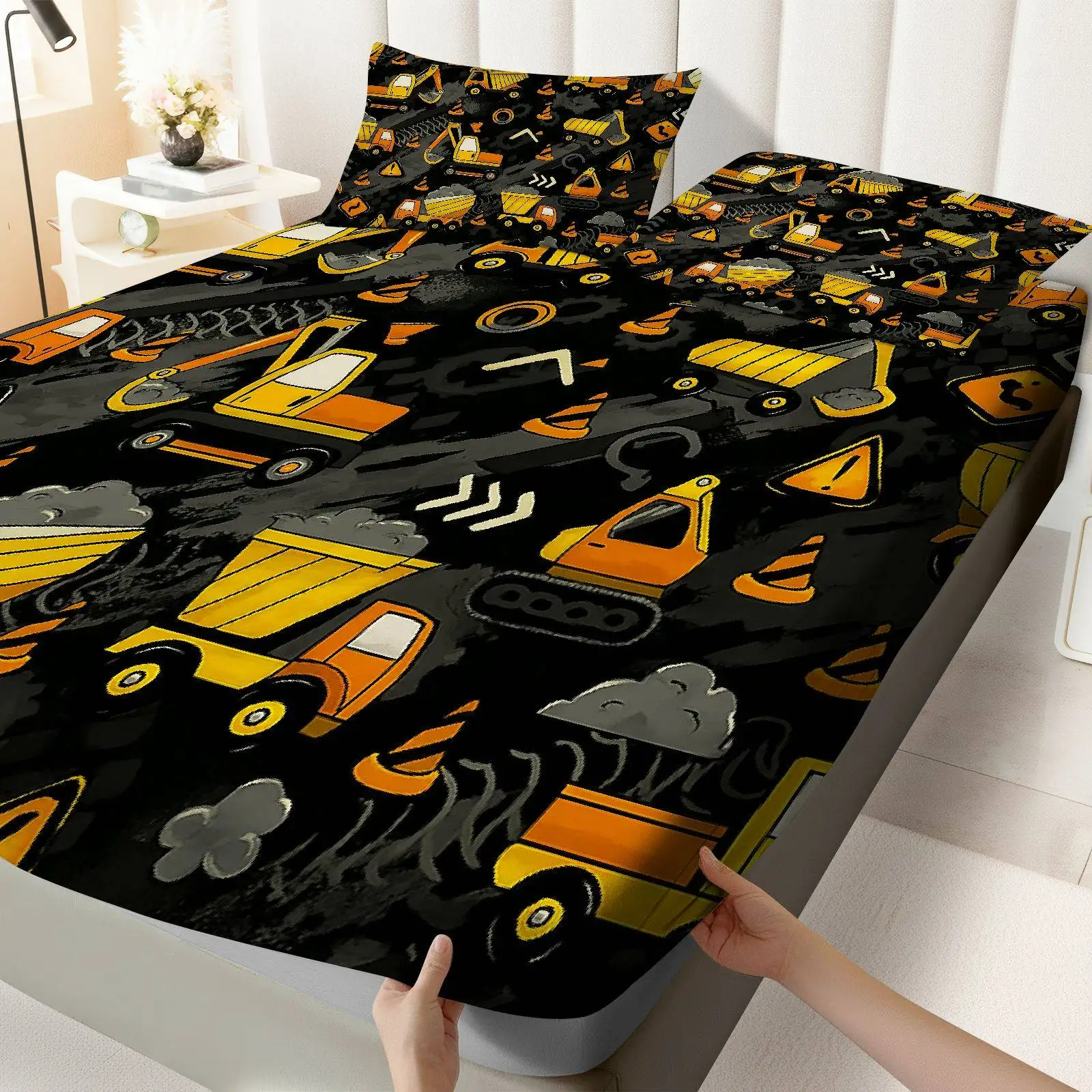 Customize 3pcs Construction Vehicles Industrial Fitted Sheet Three Piece Set (1*Fitted Sheet+2*Pillowcases, Coreless), Everyday
