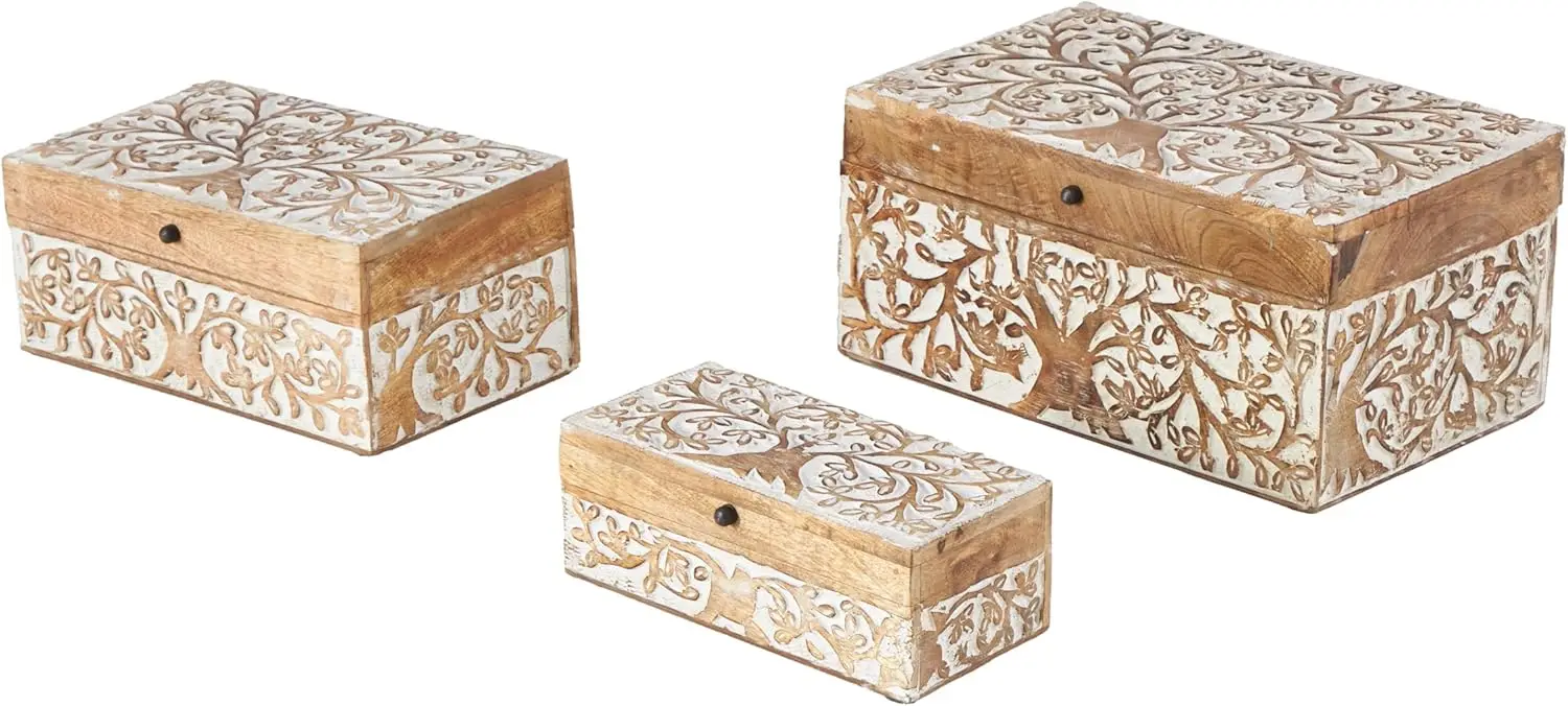 

Набор из 3 декоративных шкатулок с цветочным узором и откидной крышкой, из мангового дерева, коричневого цвета, размеры 8, 10, 12 дюймов (в ширину)