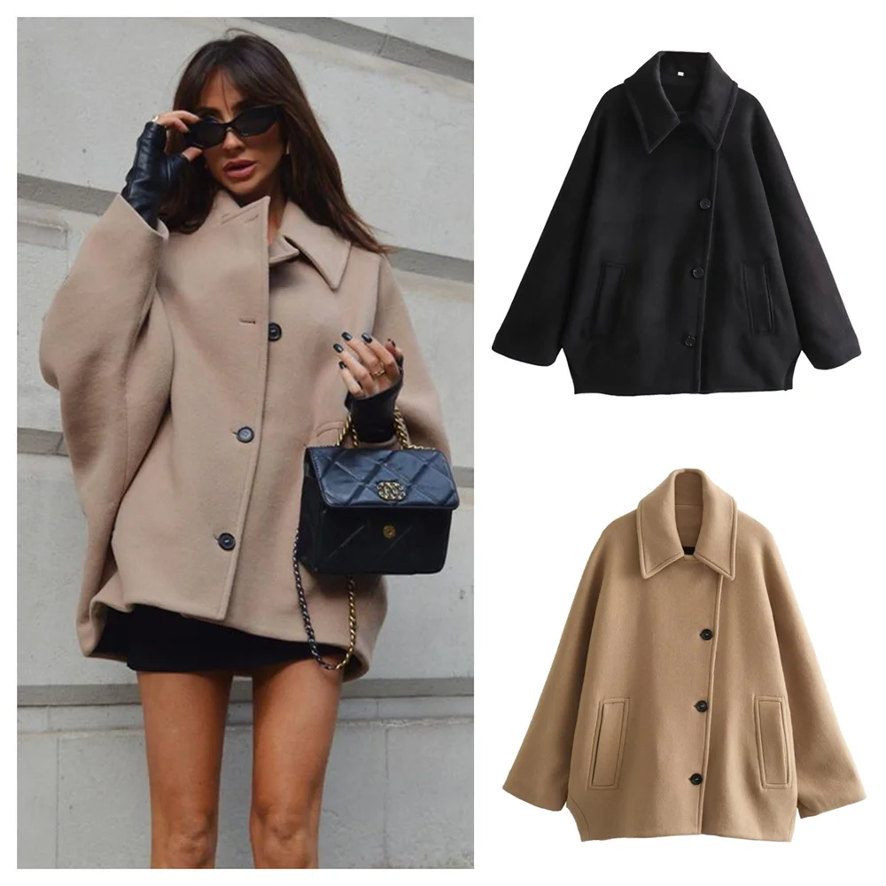 PB&ZA2024 Autumn New Women\'s Fashion Style Collar Design Sense Bat Sleeve Thickened Woolen Loose Coat