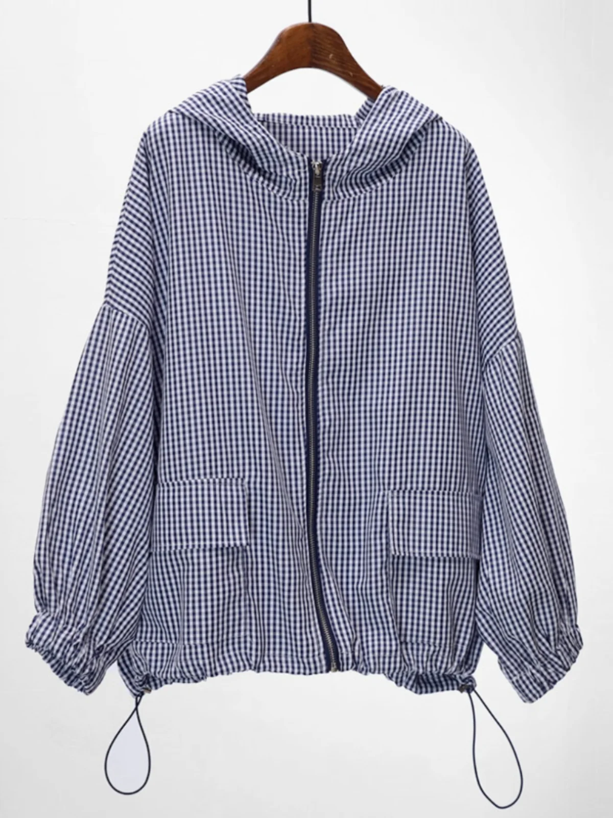 

Классическая клетчатая куртка свободного кроя с капюшоном на молнии и длинными рукавами, модная всесезонная верхняя одежда для женщин из полиэфирного волокна