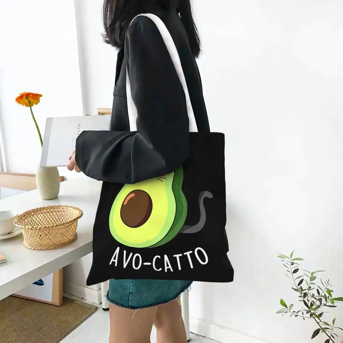 Avocado Cat Funny Puns Shopping Bags Canvas The Tote Bag Folding for Women Shoulder Tote Travel Handbag