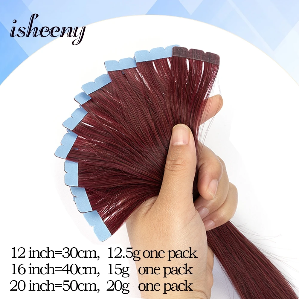 شريط صغير غير مرئي أحمر من isheeny في الشعر البشري 12 بوصة 16 بوصة 20 بوصة شريط شعر بشري ريمي حقيقي 10 قطعة/الحزمة للشعر المخرج