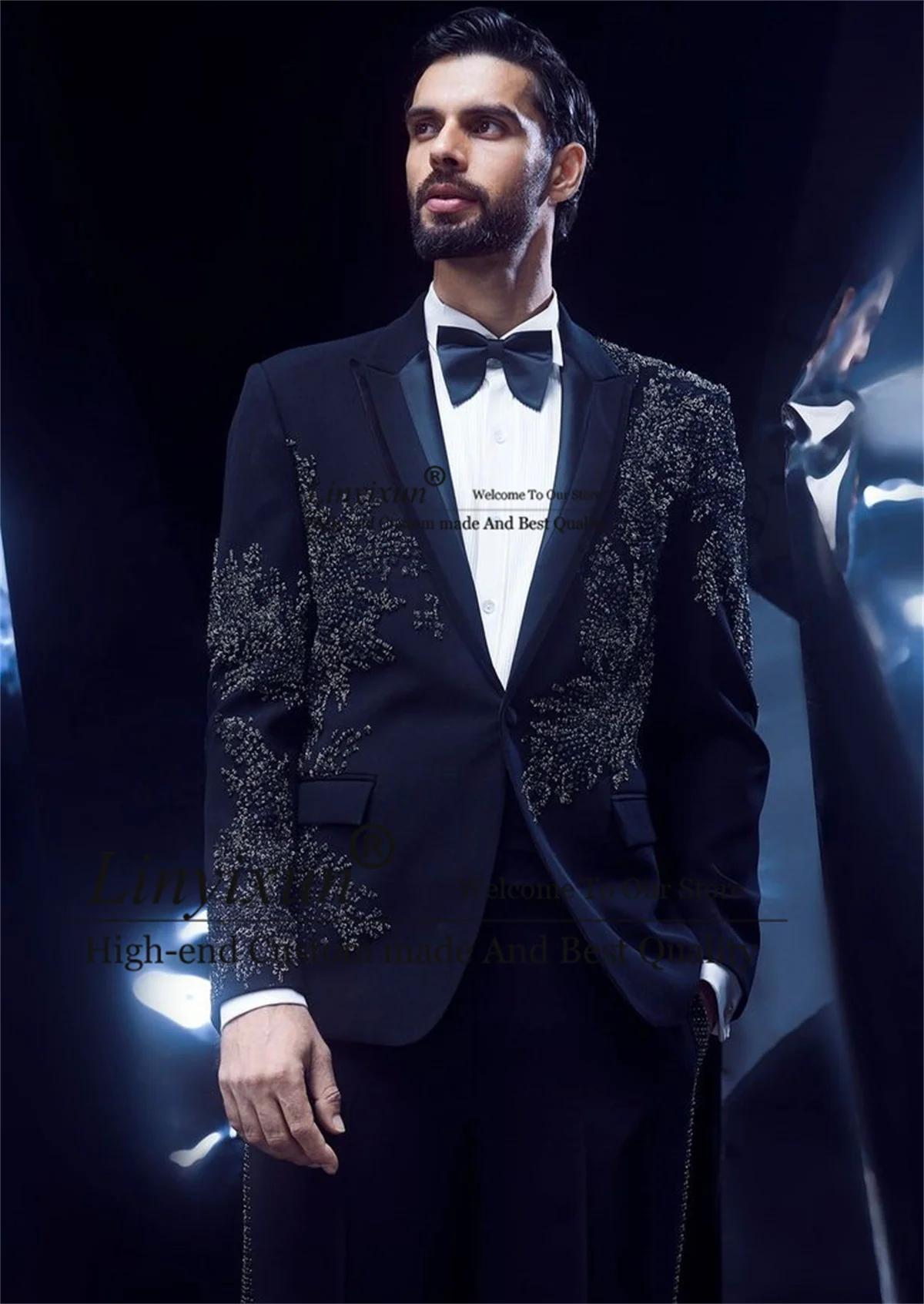 

Luxurious Jewelry Ornament Tuxedos Men Suit 2 Pieces Set Wedding Groom Dinner Party Customized Male Prom Blazers Ternos Completo