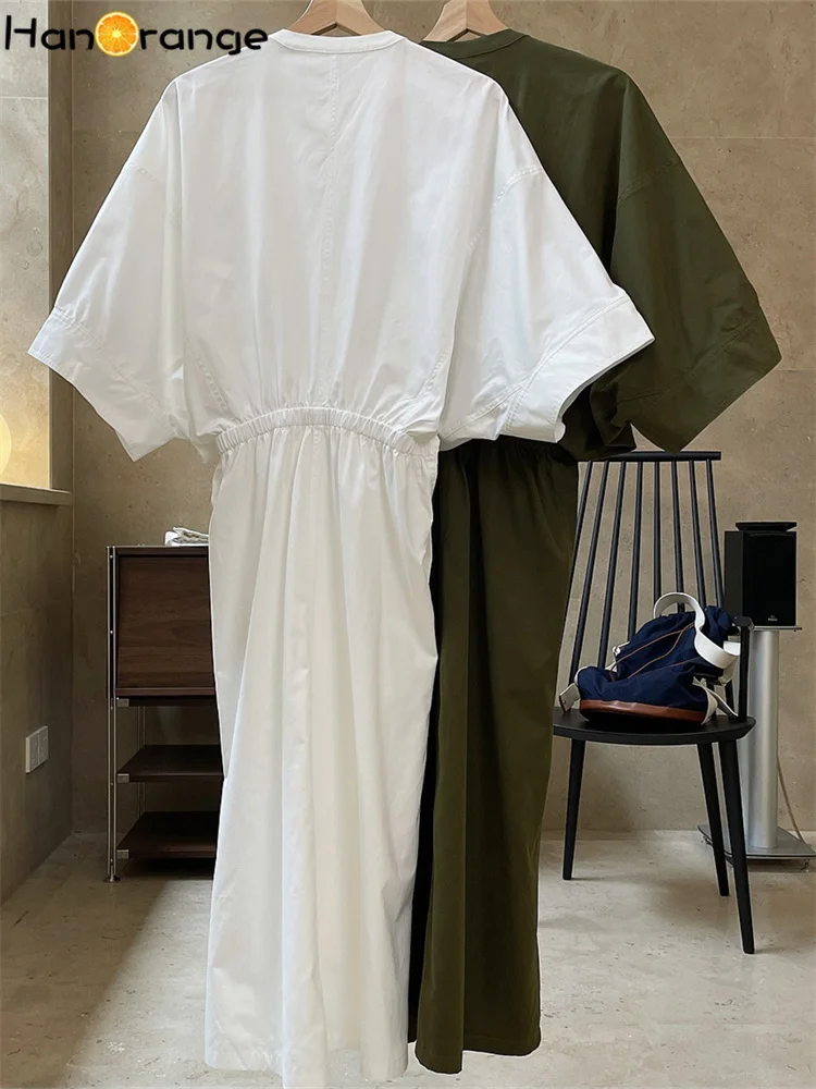 HanOrange 2025 Spring Shirt Dress Loose Profile Tie Waist Art Half Sleeve Dress White/army Green