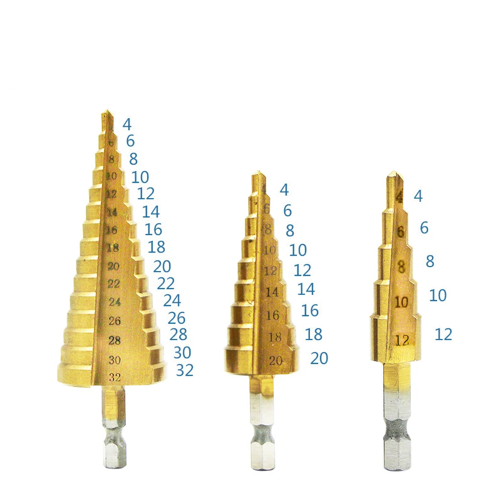 HSS Titanium Coated Step Drill Bit Drilling Power Tools Hole Opener Reaming Drill for Metal Wood Hole Cutter Step Core Drill