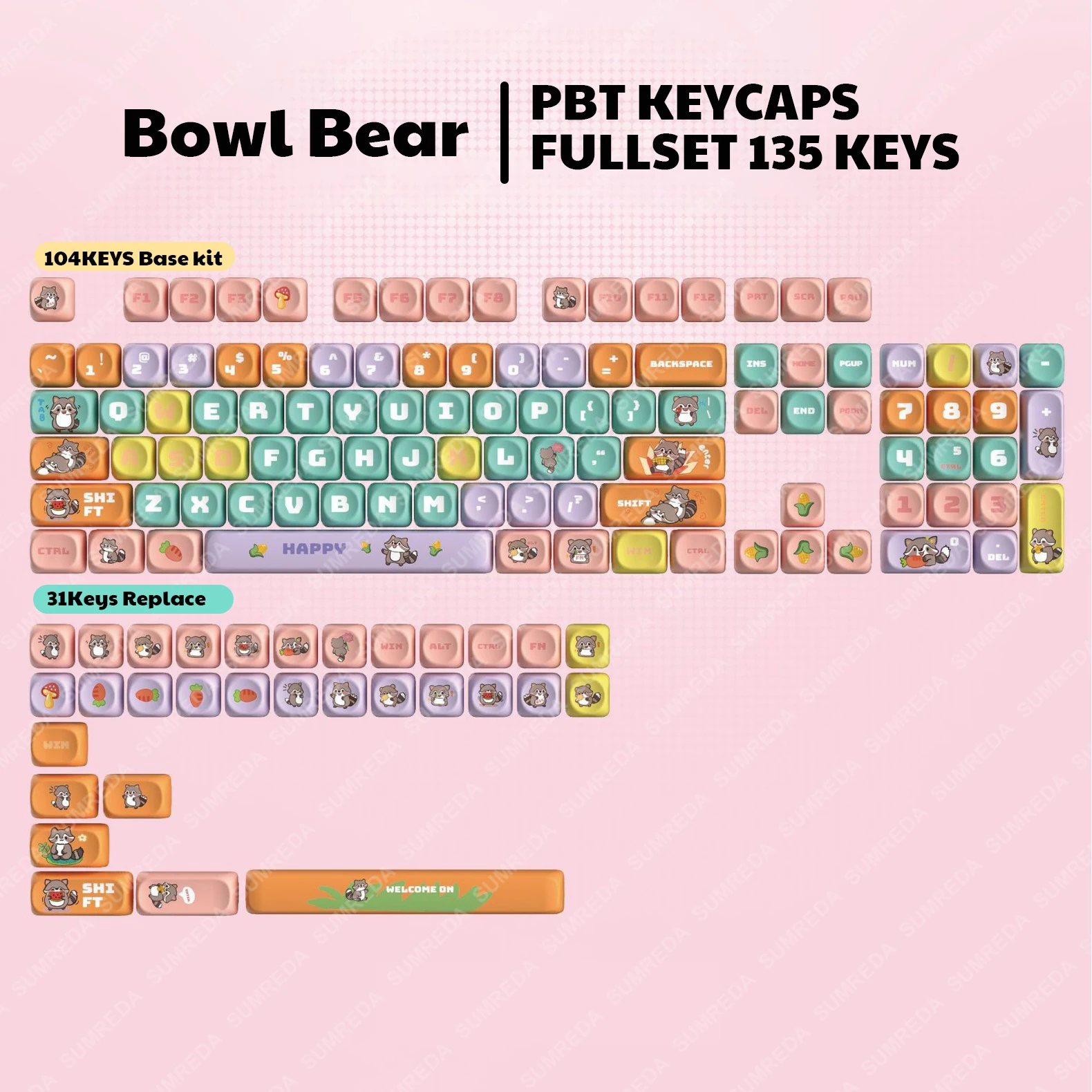 

Litter Blow Bear Theme 135/141 Keycaps MOA PBT Profile Personalized Keycap For Mechanical Keyboard with 7U and ISO key cap