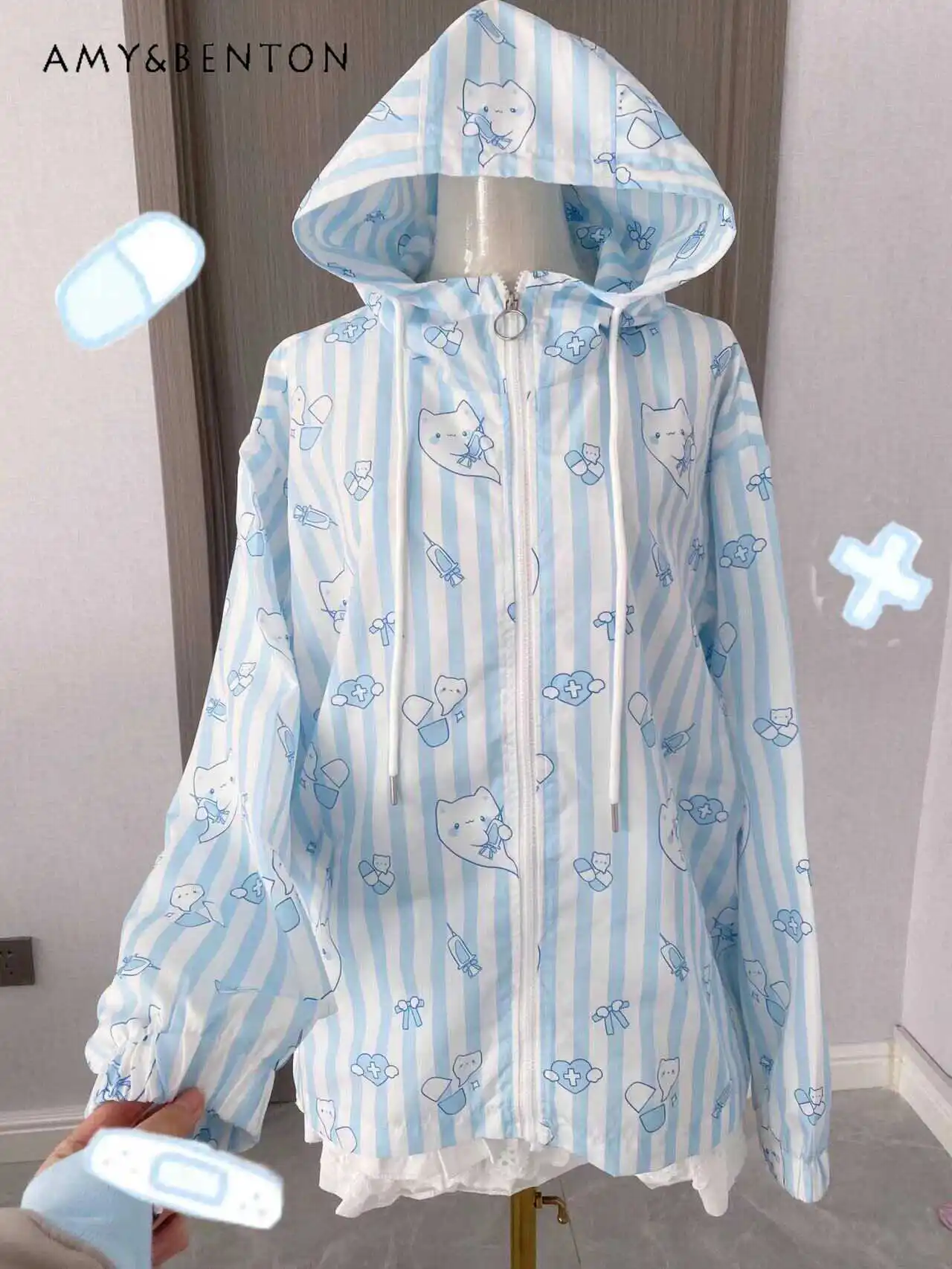 Summer New Japanese Cute Water Color Hooded Coat Sweet Cartoon Printed Thin Sun Protection Clothing Harajuku Gothic Jackets