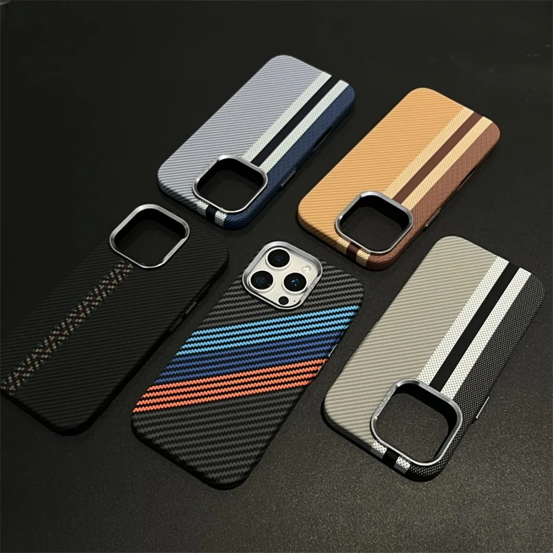 Ultra-Thin Carbon Fiber Texture Phone Case For iPhone 17 16 15 14 13 12 Pro Max MagSafe  Wireless Charging Alloy Lens Hard Cover