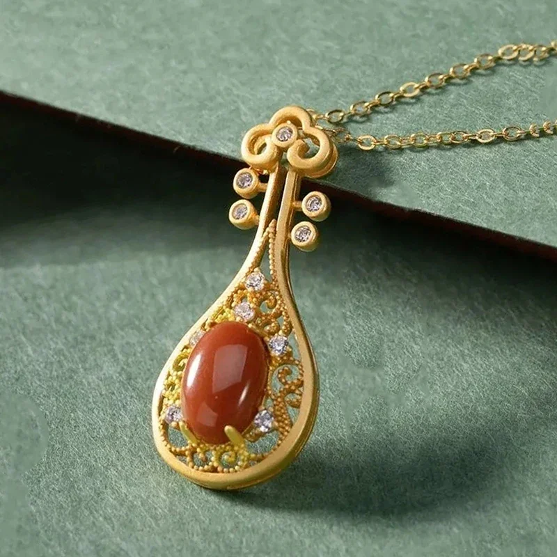 Original Design Southern Red Tourmaline Pipa Necklace Exquisite Rhyme Ancient Method Gold Craft Ladies Pendant Jewelry