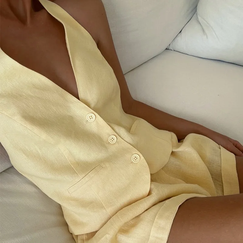 

Ele V-Ne Svel Vest And orts Set Casual Faion Women's Two-Piece Suit ort Sve Button-Up Summer Outfit