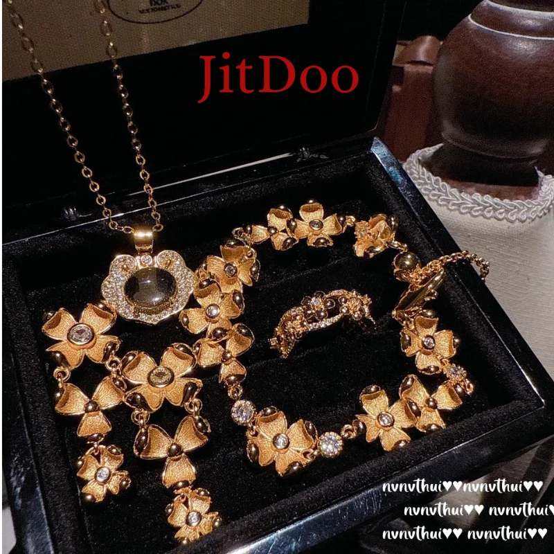 

JitDoo Italian Retro Jewelry Flower Zircon Design Gold Color Ring Bracelet Necklace Earrings Banquet Party Accessories For Women