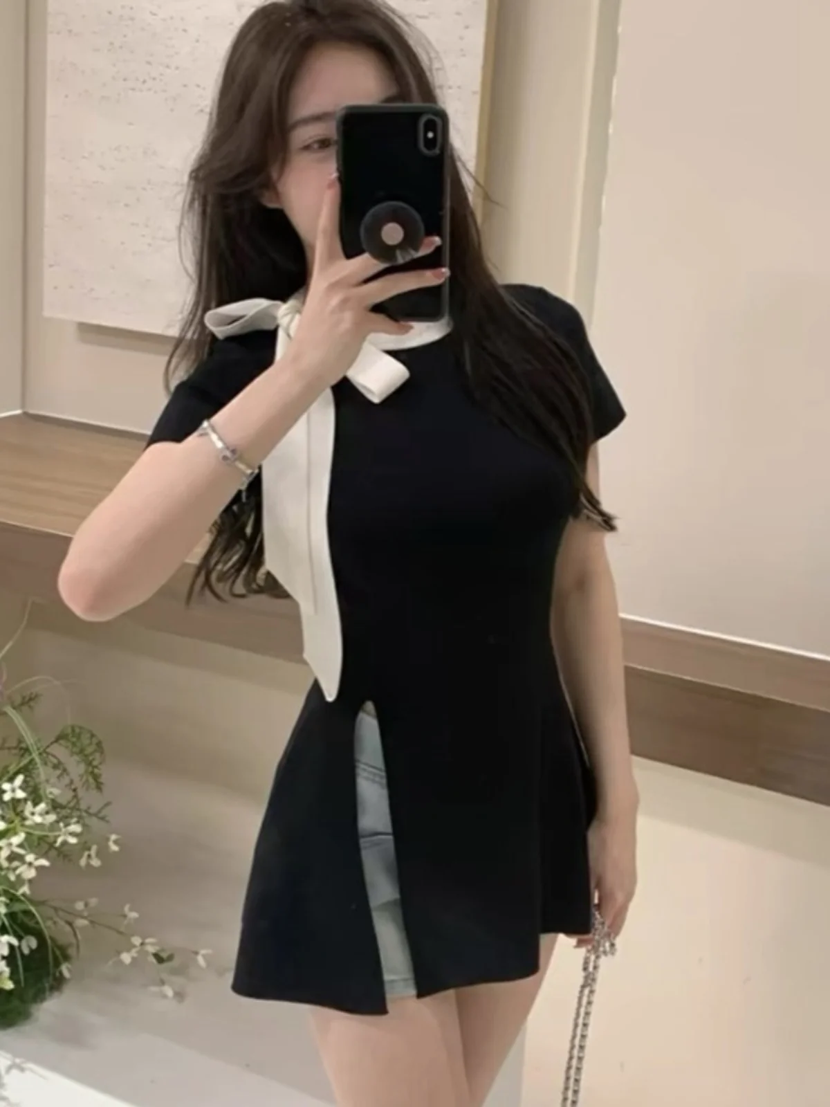 

Knot Design Slim Fit ort Sve Knitted Top for Women Summer Side Split T-irt Commute Sle Low round Ne