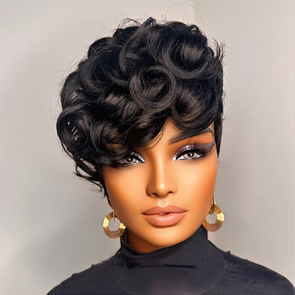 

1B# Pixie Cut Human Hair Wig for Women 6" Layered Short Loose Curly with Bangs 180% Density Remy Brazilian Hair Rose Net Cap