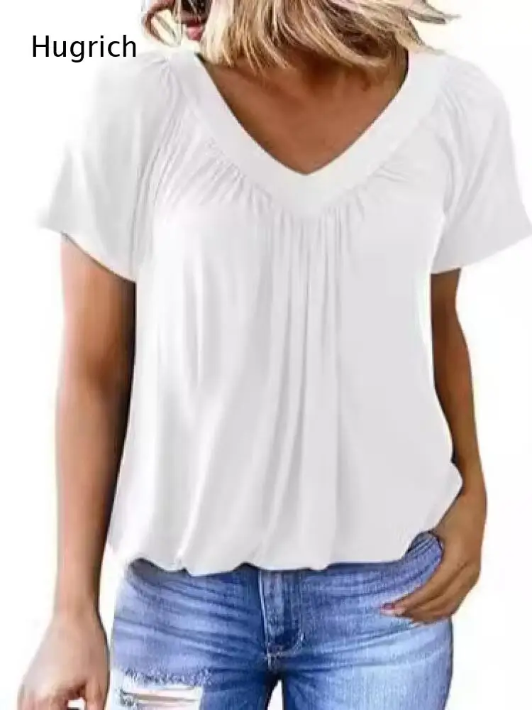 V Neck Short Sleeve Casual Blouse Front Vertical Pleats Elastic Hem Solid Navy Soft Flowy Fabric Loose Women Daily Top