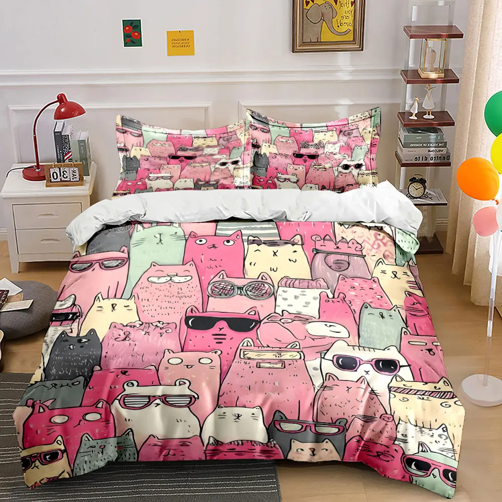 Group of Cartoon Cats with Accessories Bedding Set for Kids Luxury Gift 3pcs Digital Print Comforter Set Soft Comfortable